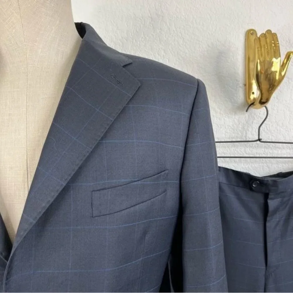 YSL Yves Saint Laurent Windowpane Wool 120s 3 Button Gridded Suit - Picture 13 of 13